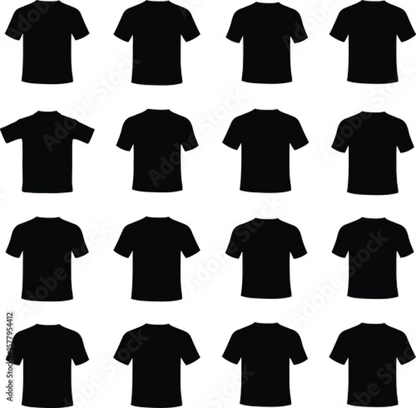 Fototapeta Black Apparel Silhouettes: A Versatile Vector and Illustration Collection of Men's T-Shirts and Polo Shirts in Various Styles, Ideal for Mockups and Design Projects.