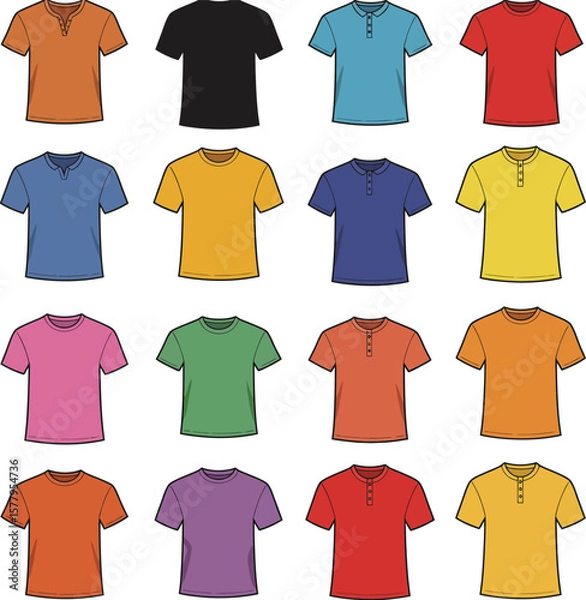 Fototapeta Colorful Apparel Collection: Diverse Vector and Illustration Set of Men's T-Shirts and Polo Shirts in Various Styles and Hues, Ideal for Fashion and Design Projects.