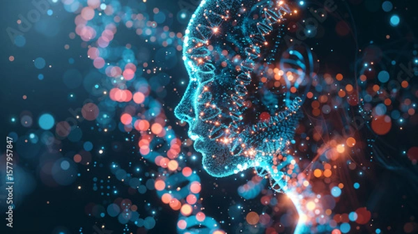 Fototapeta Futuristic DNA double helix structure with glowing particles and bokeh effects representing genetic research and biotechnology advancement in science