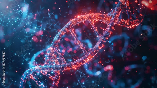 Fototapeta DNA double helix structure with glowing particles representing artificial intelligence genetic analysis and molecular repair technology