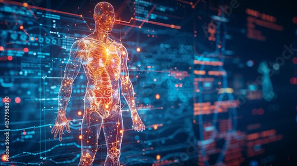 Fototapeta Surgeons performing operation with AR glasses showing holographic patient data in futuristic medical technology environment