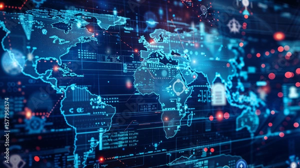 Fototapeta Global digital network connections illuminating world map with glowing data points and futuristic cyber infrastructure visualization against dark technological background for a wallpaper