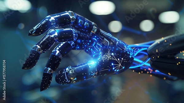 Fototapeta AI-powered prosthetic hand with neural interface technology displaying glowing circuits and advanced human-machine integration system. AI and robotic machine learning