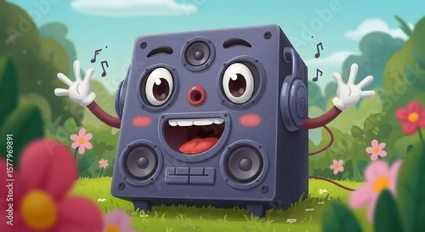 Fototapeta Cartoon Speaker Character in Nature A Whimsical Audio Experience | Illustration of a Happy Sound System in a Floral Landscape for Creative Concepts