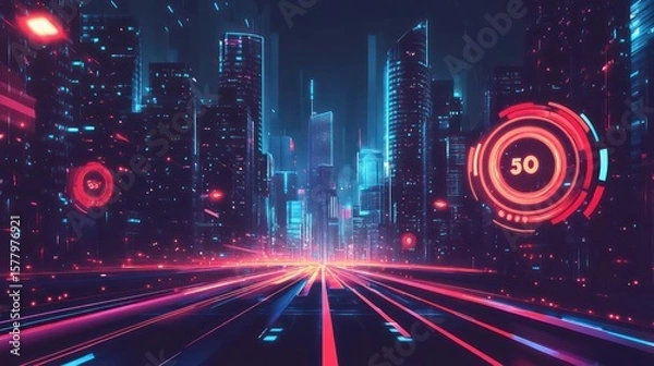 Obraz Futuristic cityscape with neon lights and light trails