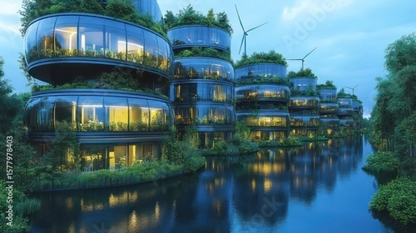 Obraz Futuristic ecobuildings with glass facades and greenery by a river