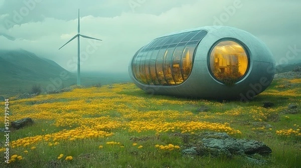 Obraz Futuristic pod home with solar panels beside a wind turbine in a meadow