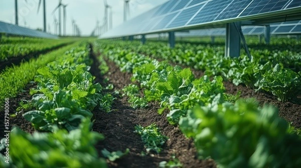 Obraz Green leafy plants grow in rows between solar panels and wind turbines