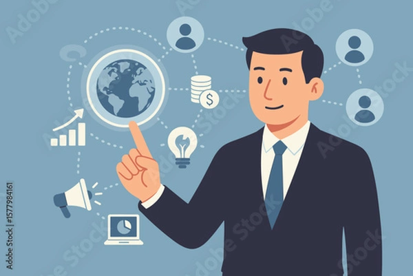 Fototapeta Global business concept with a businessman pointing at a network. Digital marketing, data exchange, finance, social media strategy, customer relations, innovation, and growth metaphor.