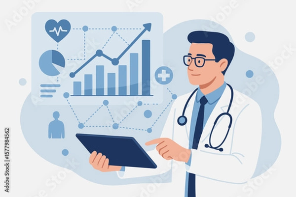 Fototapeta Modern Healthcare Data Analytics, Medical Business Growth, Doctor Analyzing Digital Medical Reports, Network Connections, Virtual Tablet Interface, Flat Vector Illustration