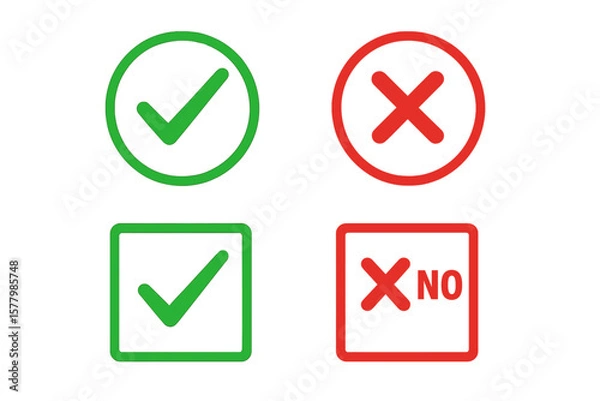 Fototapeta Check mark and cross button icon set. Green tick and red X mark symbols for yes & no choice. Vector icons in circle and square for UI, approval, rejection, correct, incorrect.