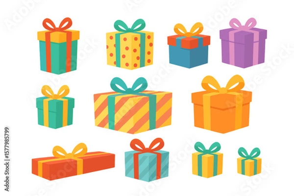 Obraz Colorful gift boxes set with ribbons and bows. Big collection of presents for birthday, christmas or any holiday celebration. Wrapped surprise package vector illustration.