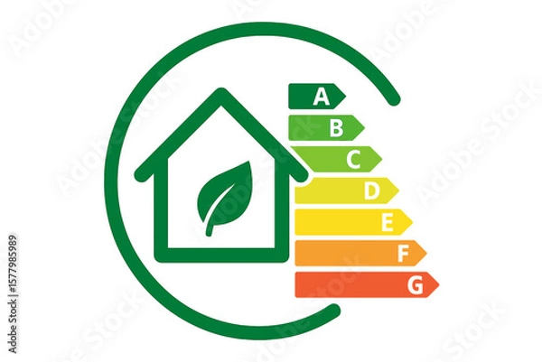 Fototapeta Energy efficiency rating graph for house. Home energy performance certificate icon. Eco-friendly building with leaf. Sustainable living and green power consumption concept.