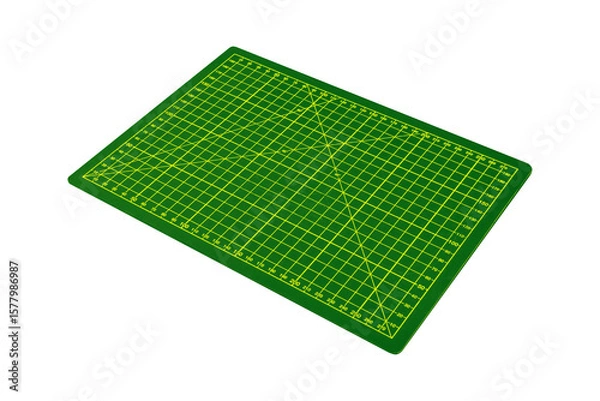 Fototapeta Green cutting mat with yellow grid shown in perspective is isolated.