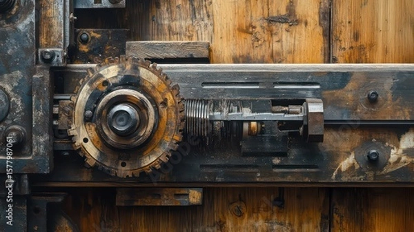 Obraz Industrial mechanism with gears springs and bolts on wooden background