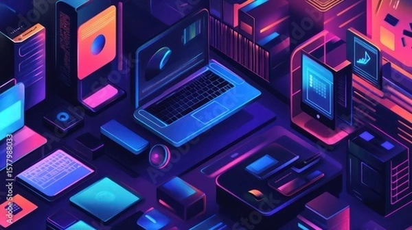 Obraz Isometric digital devices with neon lighting