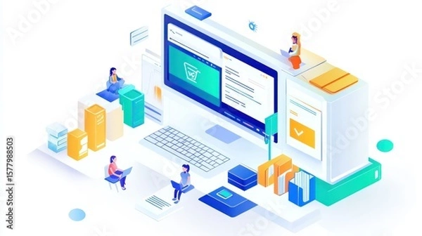Obraz Isometric illustration of people interacting with technology and data visualization elements