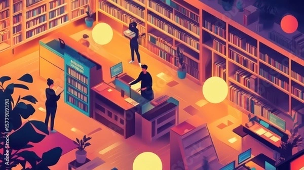 Obraz Isometric library scene with people bookshelves and digital displays