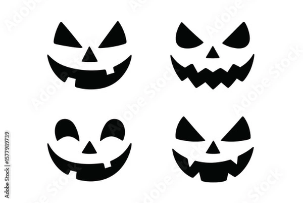Fototapeta Halloween Pumpkin Jack O'Lantern Faces Set – 4 Spooky Carved Expressions, Vector Illustration, Isolated on Transparent Background, Holiday Decoration, Scary Smile, Autumn Design
