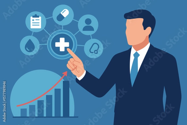 Fototapeta Healthcare business growth chart and medical examination concept with businessman touching virtual medical network icon, digital health data analysis, modern flat vector illustration