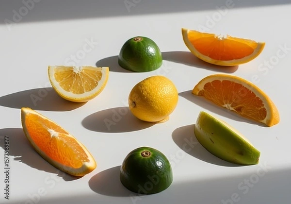 Obraz Vibrant Citrus Fruit Still Life: Fresh Lemon, Orange, and Lime Wedges on White Background, Sharp Shadows, Healthy Eating, Vitamin C, Colorful, Refreshing, Summer Vibes, Tropical