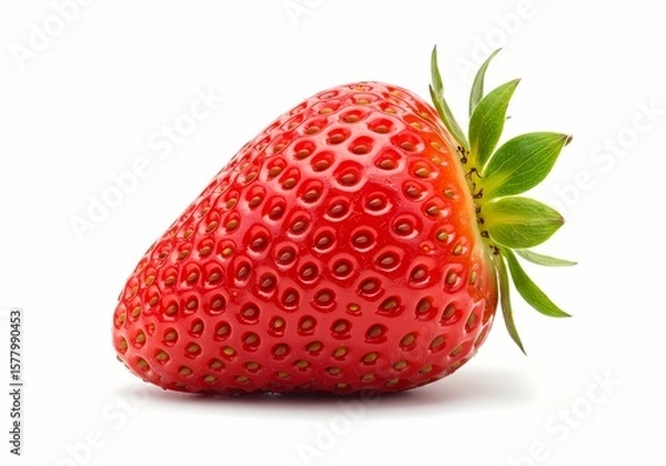 Obraz Close-up of a vibrant, ripe strawberry showcasing its texture and color against a clean white background. Perfect for food, health, and summer themes. Ideal for marketing and design.