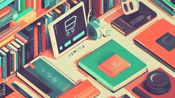 Obraz Isometric scene of books tablet and headphones on a desk