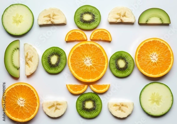 Obraz Overhead flat lay of colorful sliced fruits including orange, kiwi, banana and cucumber arranged in a pattern on a white background, healthy eating and lifestyle, vibrant colors