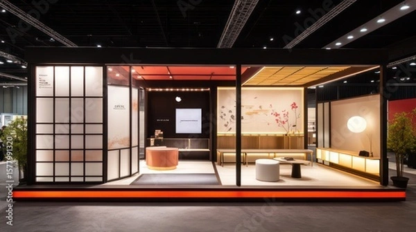 Obraz Japaneseinspired exhibition booth with screens seating and artwork