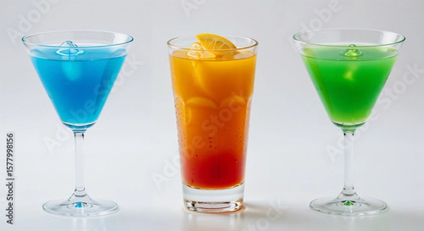 Fototapeta Blue Lagoon, Tequila Sunrise, Midori Sour. Vibrant mixed drinks in colorful glassware with Ice cubes displayed isolated white background.