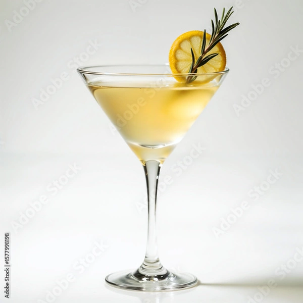 Fototapeta A sophisticated martini cocktail served in a classic V-shaped glass, garnished with a lemon slice and a sprig of rosemary. The clear, golden-yellow drink is set against a minimal, light background.