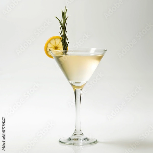 Fototapeta A sophisticated martini cocktail served in a classic V-shaped glass, garnished with a lemon slice and a sprig of rosemary. The clear, golden-yellow drink is set against a minimal, light background.