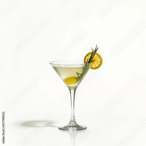 Fototapeta A sophisticated martini cocktail served in a classic V-shaped glass, garnished with a lemon slice and a sprig of rosemary. The clear, golden-yellow drink is set against a minimal, light background.