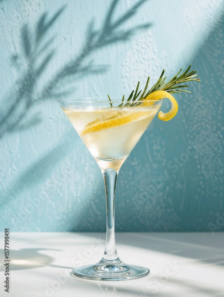 Fototapeta Minimalist martini setup with citrus and herb garnish, highlighted by strong sunlight and soft tropical shadows on a textured blue surface, evoking a summer vibe