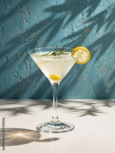 Fototapeta Elegant martini cocktail featuring a lemon slice and rosemary garnish, set against a textured blue background with tropical shadow play and bright light.