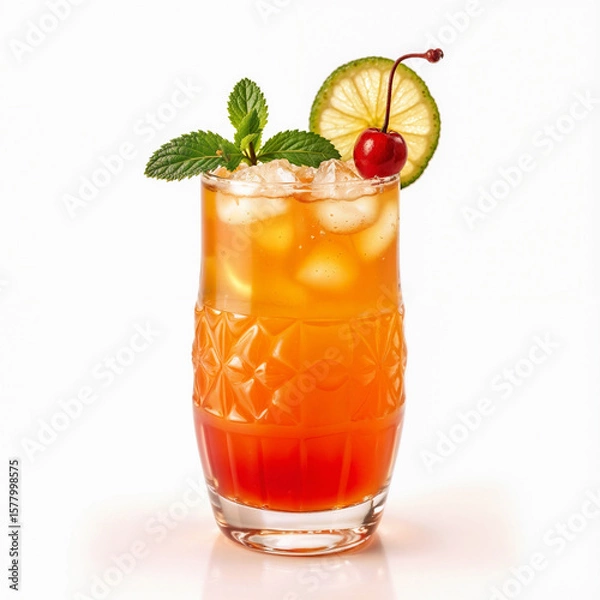 Fototapeta A refreshing Tequila Sunrise cocktail served in a clear glass with ice, featuring a vibrant gradient from red grenadine to orange juice. Garnished with maraschino cherries, a lime slice, and fresh min