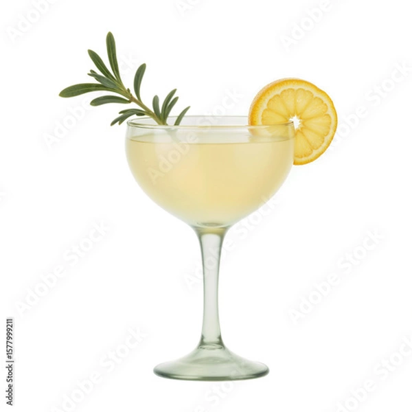 Fototapeta A delicate cocktail served in a coupe glass, garnished with a lemon slice and rosemary sprig.
