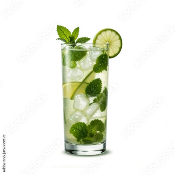 Fototapeta A refreshing glass of mojito with lime slices, mint leaves, and ice cubes, presented in a tall clear glass against a white background.