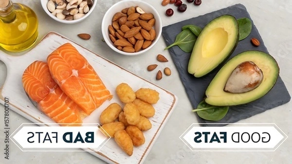 Fototapeta Healthy Fats vs. Unhealthy Fats: Salmon, Avocado, Almonds, and More in a Flatlay Composition