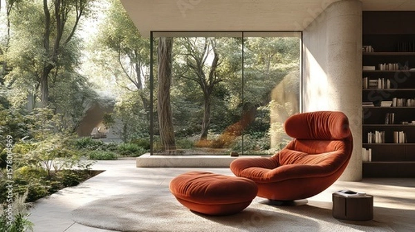 Obraz Modern living room with floortoceiling windows opening to a lush forest