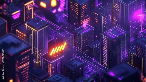 Obraz Neon geometric cityscape with glowing lines and abstract shapes