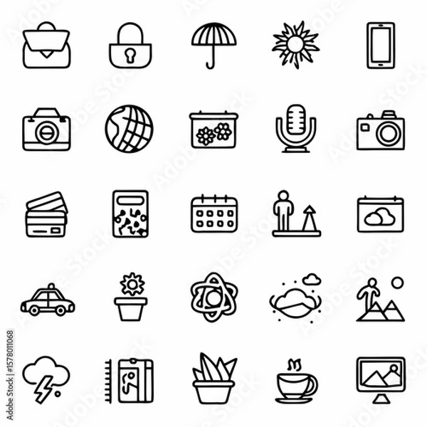 Fototapeta Vector outline icons set travel business weather science technology and miscellaneous symbols design 100
