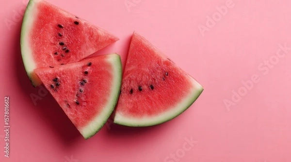 Fototapeta Fresh watermelon slices arranged on a vibrant pink background, perfect for summer-themed designs and food-related projects. Ample copy space for text or branding.
