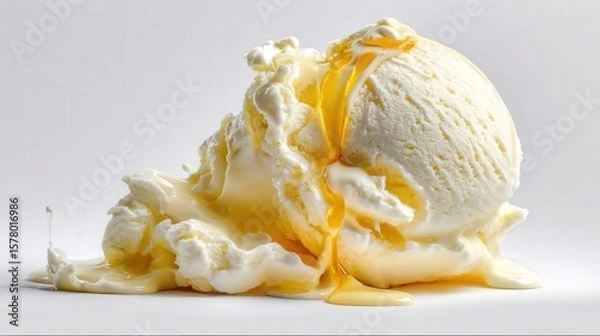 Fototapeta Melting vanilla ice cream drips onto a white surface, showcasing its creamy texture and soft hues, illuminated by harsh lighting for dramatic effect.