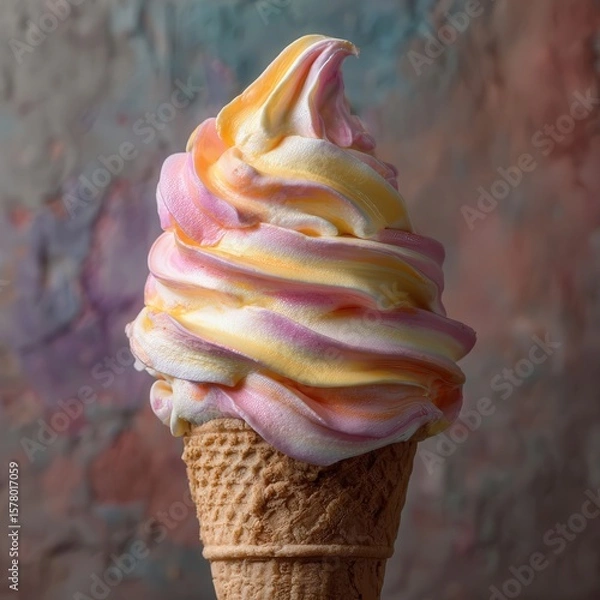 Fototapeta Delicious soft ice cream in a cone, featuring vibrant pink and yellow swirls, set against a rustic background, inviting a sweet treat experience.