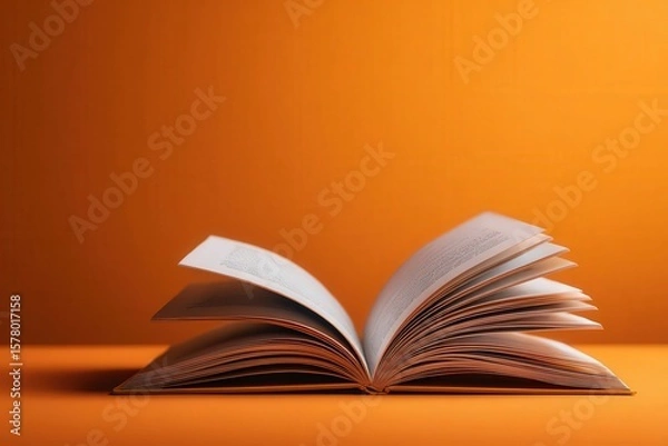 Fototapeta An open book rests on a vibrant orange background, providing ample copy space. The scene is beautifully lit, showcasing intricate details and textures in a warm, inviting atmosphere.