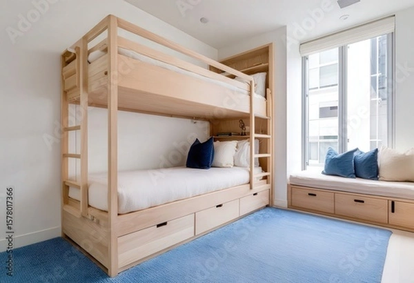 Fototapeta A modern wooden bunk bed with storage in a children's room, featuring light colors, white walls, a blue carpet, and natural light from a side window.