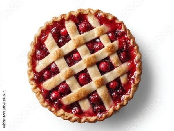 Fototapeta Cranberry pie presented on a white background, viewed from above, showcasing a golden crust and vibrant filling. Perfect for holiday celebrations or dessert themes.