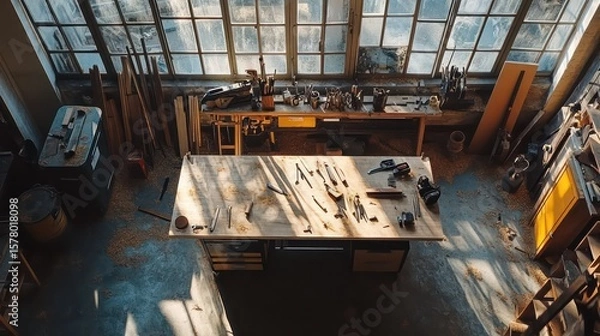 Obraz Overhead view of a welllit woodworking shop with tools on a workbench and lumber