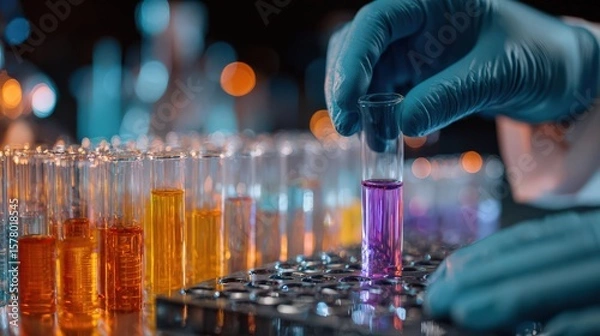 Fototapeta A scientist in blue rubber gloves holds a vial amid colorful test tubes, illuminated with vibrant orange and violet lighting, emphasizing a dynamic laboratory environment.